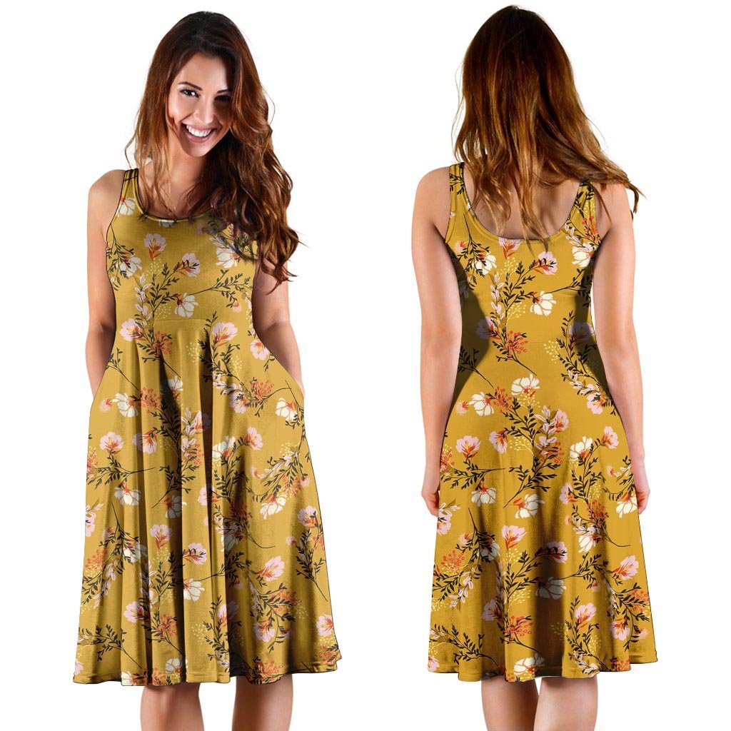 Yellow Floral Retro Print Dress-grizzshop