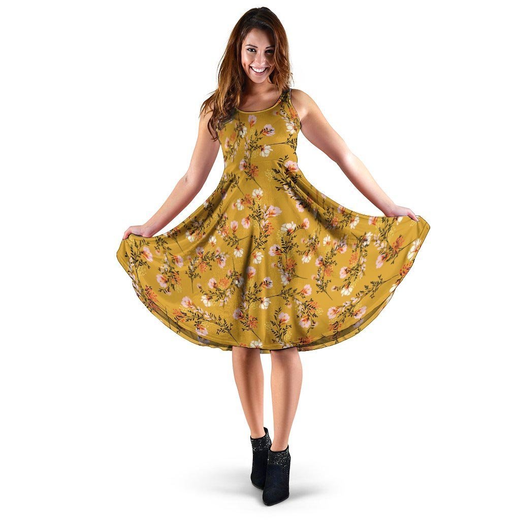 Yellow Floral Retro Print Dress-grizzshop