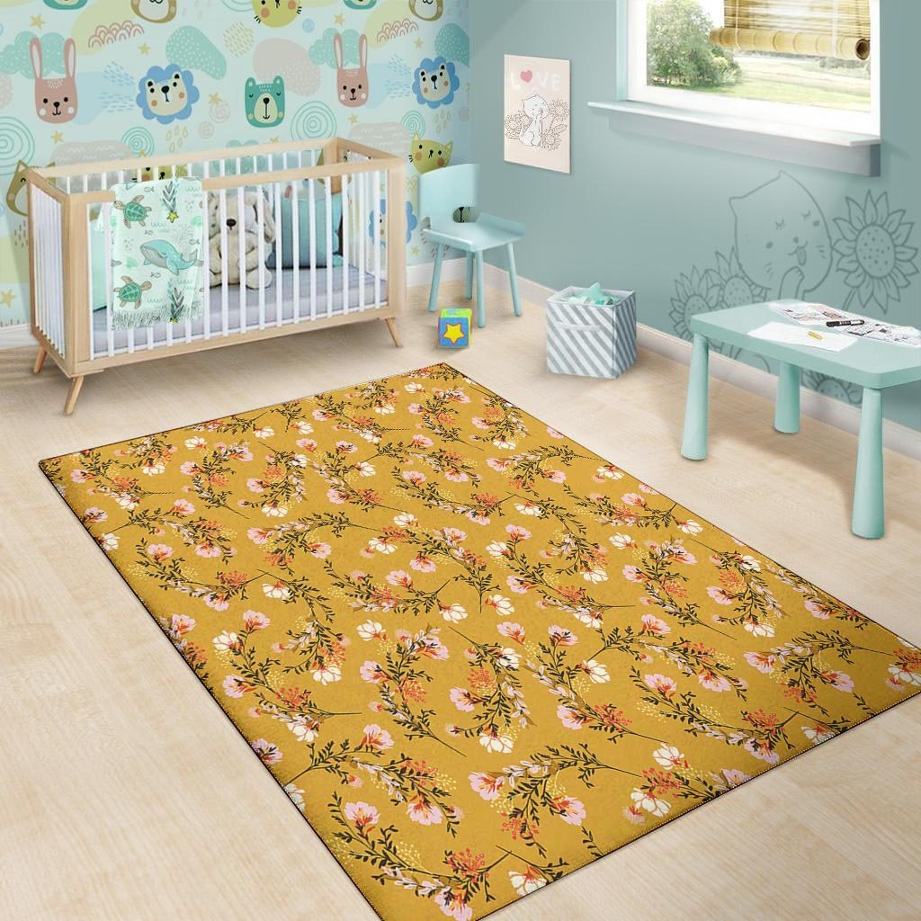 Yellow Floral Retro Print Floor Mat-grizzshop