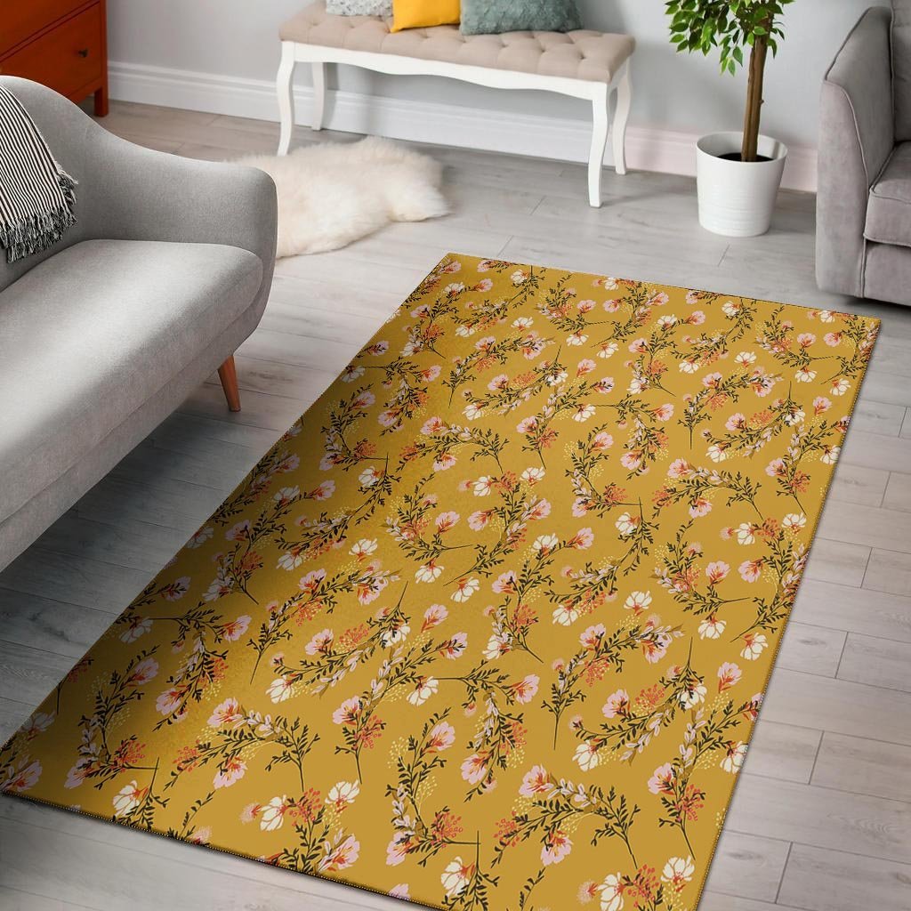 Yellow Floral Retro Print Floor Mat-grizzshop