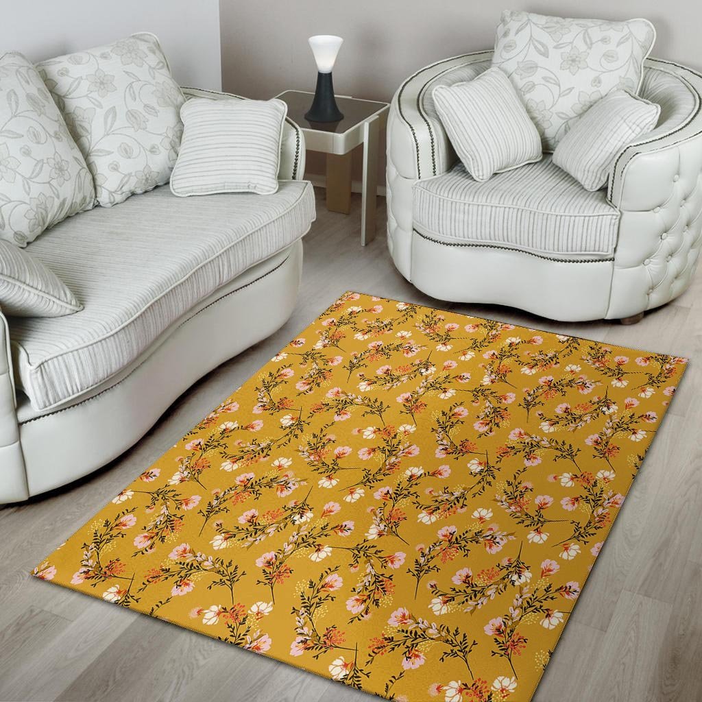 Yellow Floral Retro Print Floor Mat-grizzshop