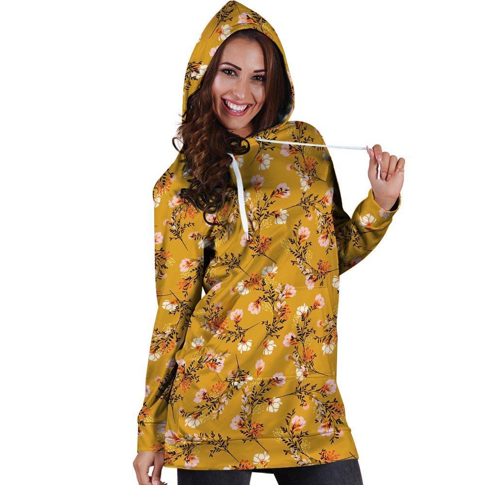 Yellow Floral Retro Print Hoodie Dress-grizzshop