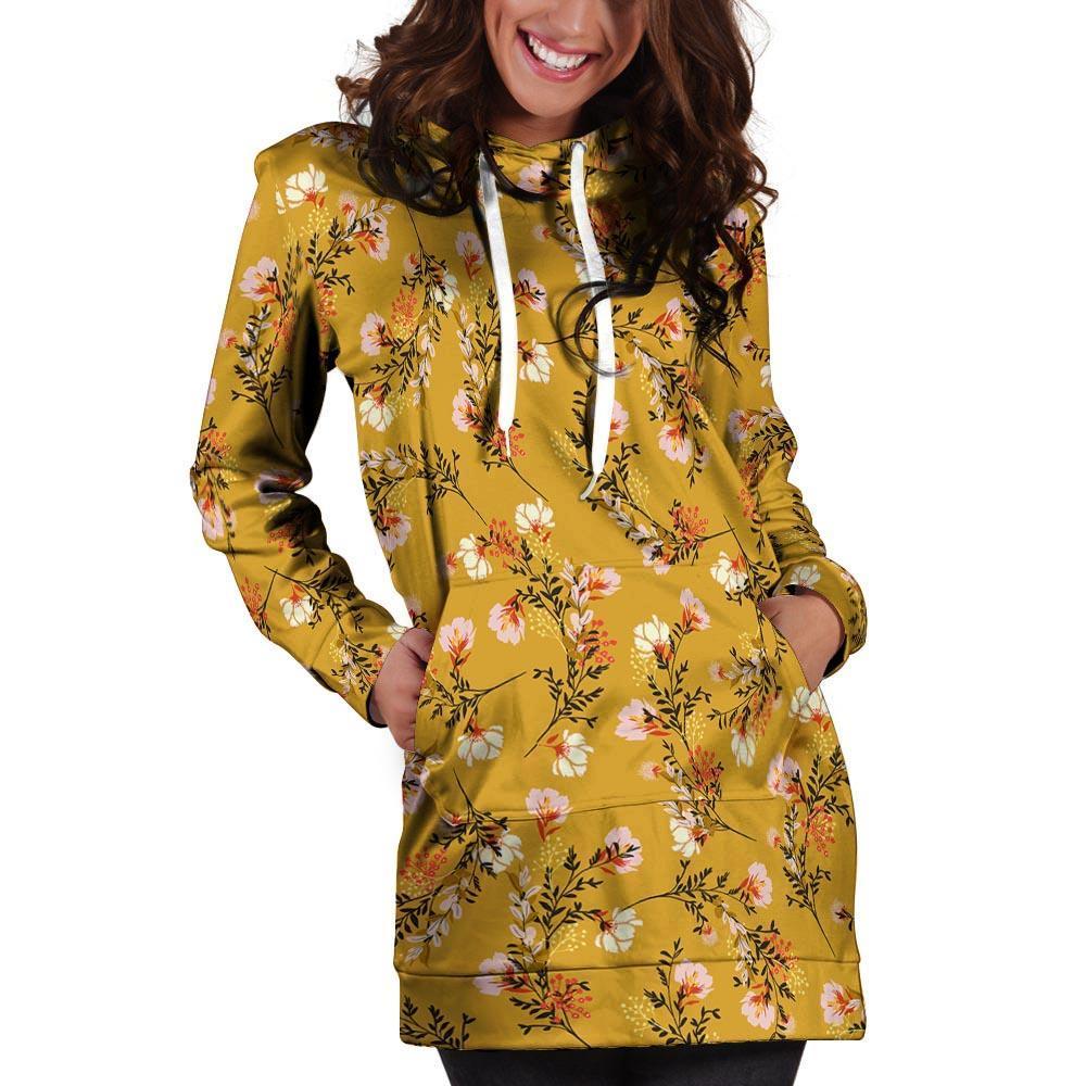 Yellow Floral Retro Print Hoodie Dress-grizzshop