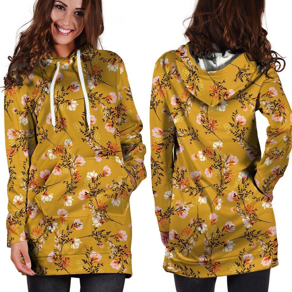 Yellow Floral Retro Print Hoodie Dress-grizzshop