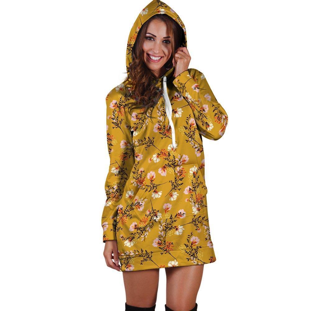 Yellow Floral Retro Print Hoodie Dress-grizzshop