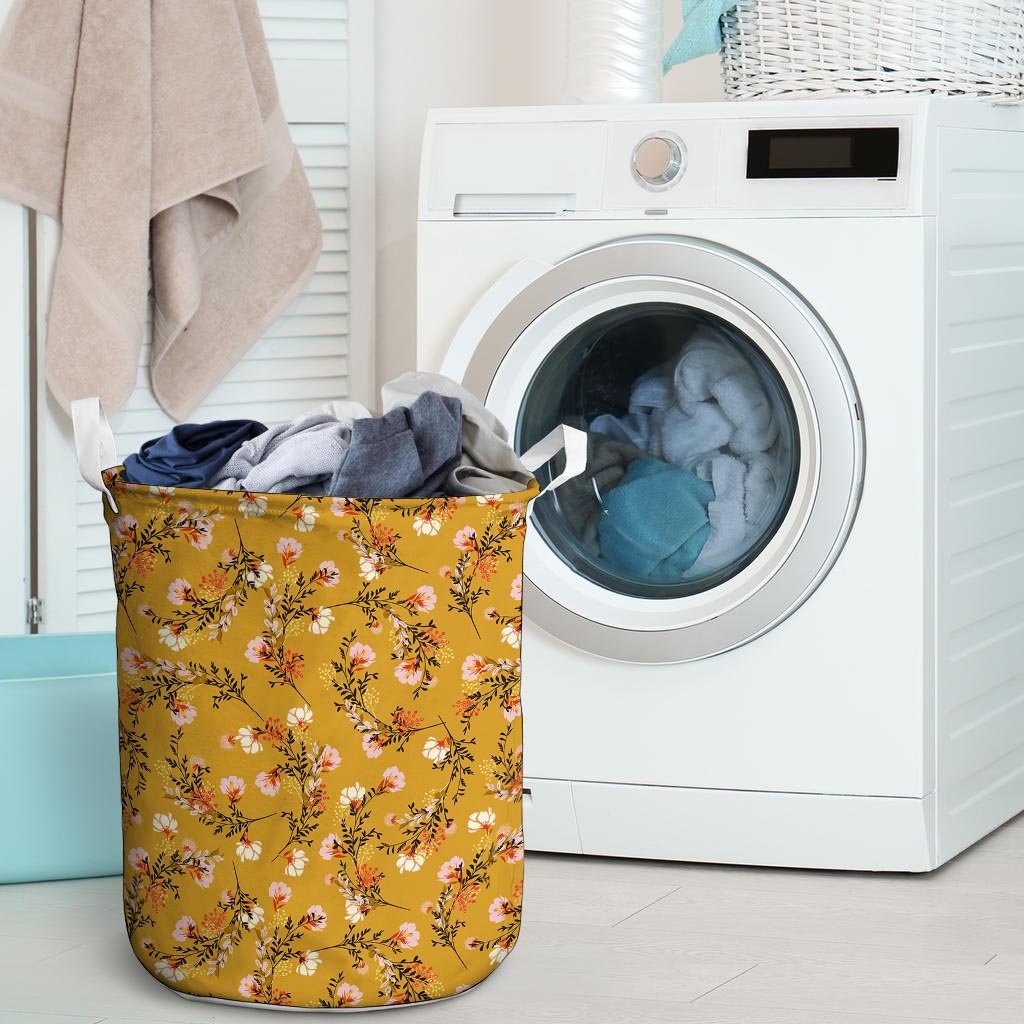 Yellow Floral Retro Print Laundry Basket-grizzshop