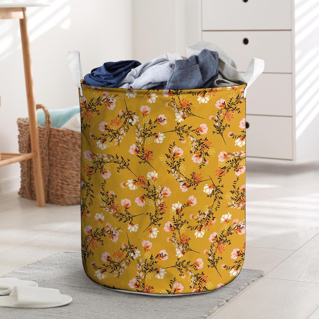 Yellow Floral Retro Print Laundry Basket-grizzshop