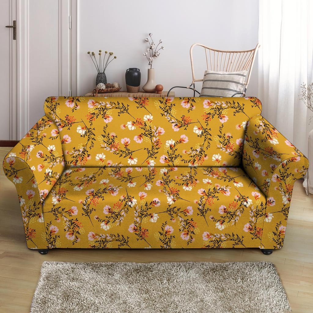 Yellow Floral Retro Print Loveseat Cover-grizzshop