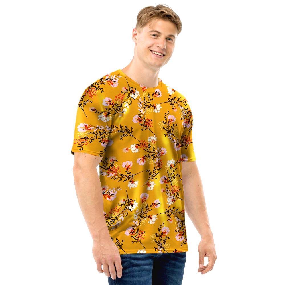 Yellow Floral Retro Print Men T Shirt-grizzshop