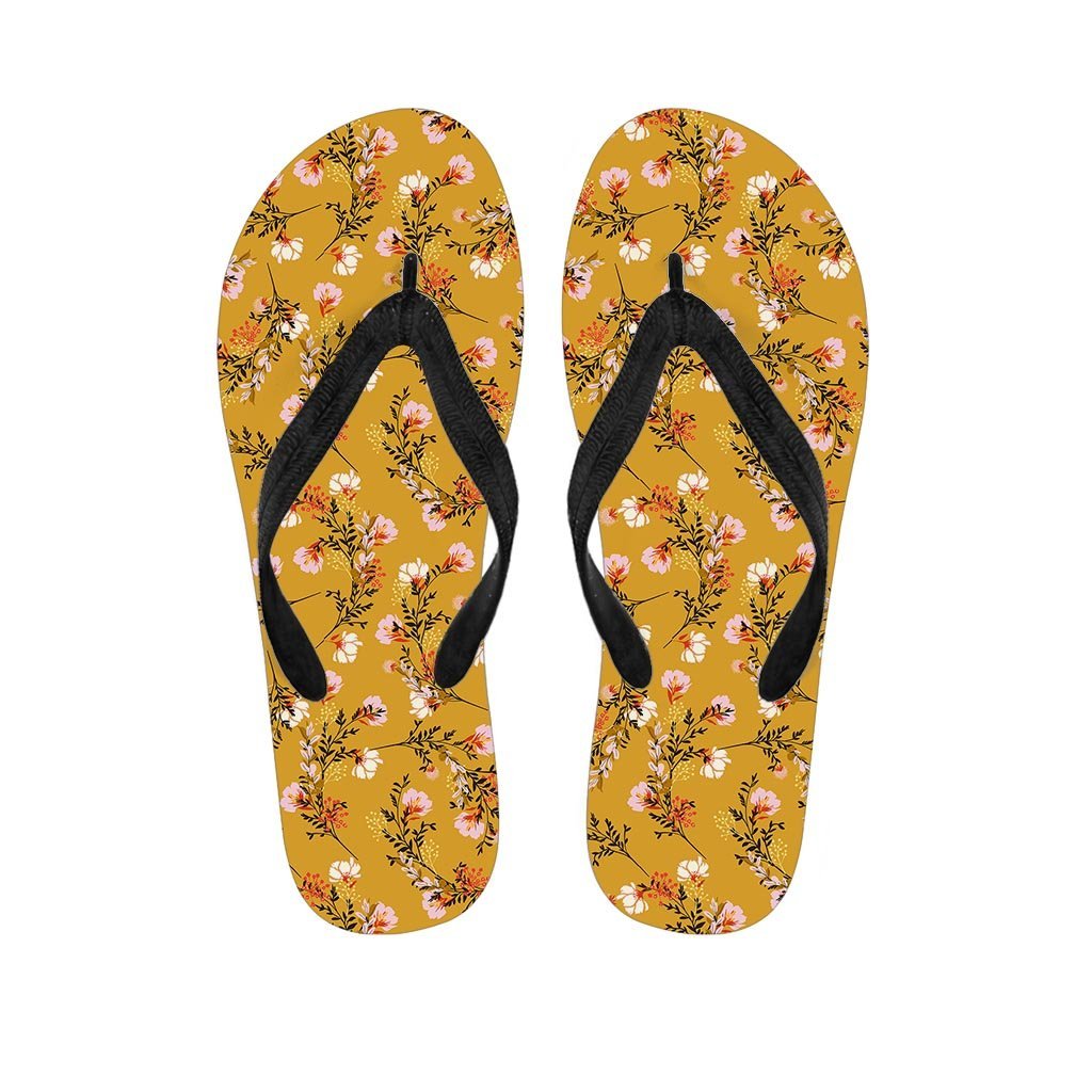 Yellow Floral Retro Print Men's Flip Flops-grizzshop