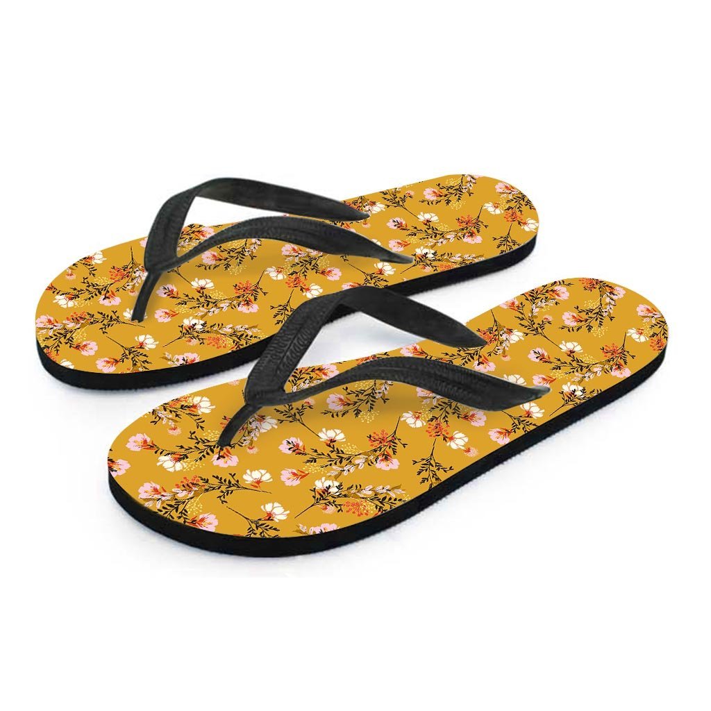 Yellow Floral Retro Print Men's Flip Flops-grizzshop