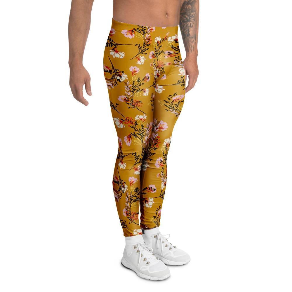 Yellow Floral Retro Print Men's Leggings-grizzshop