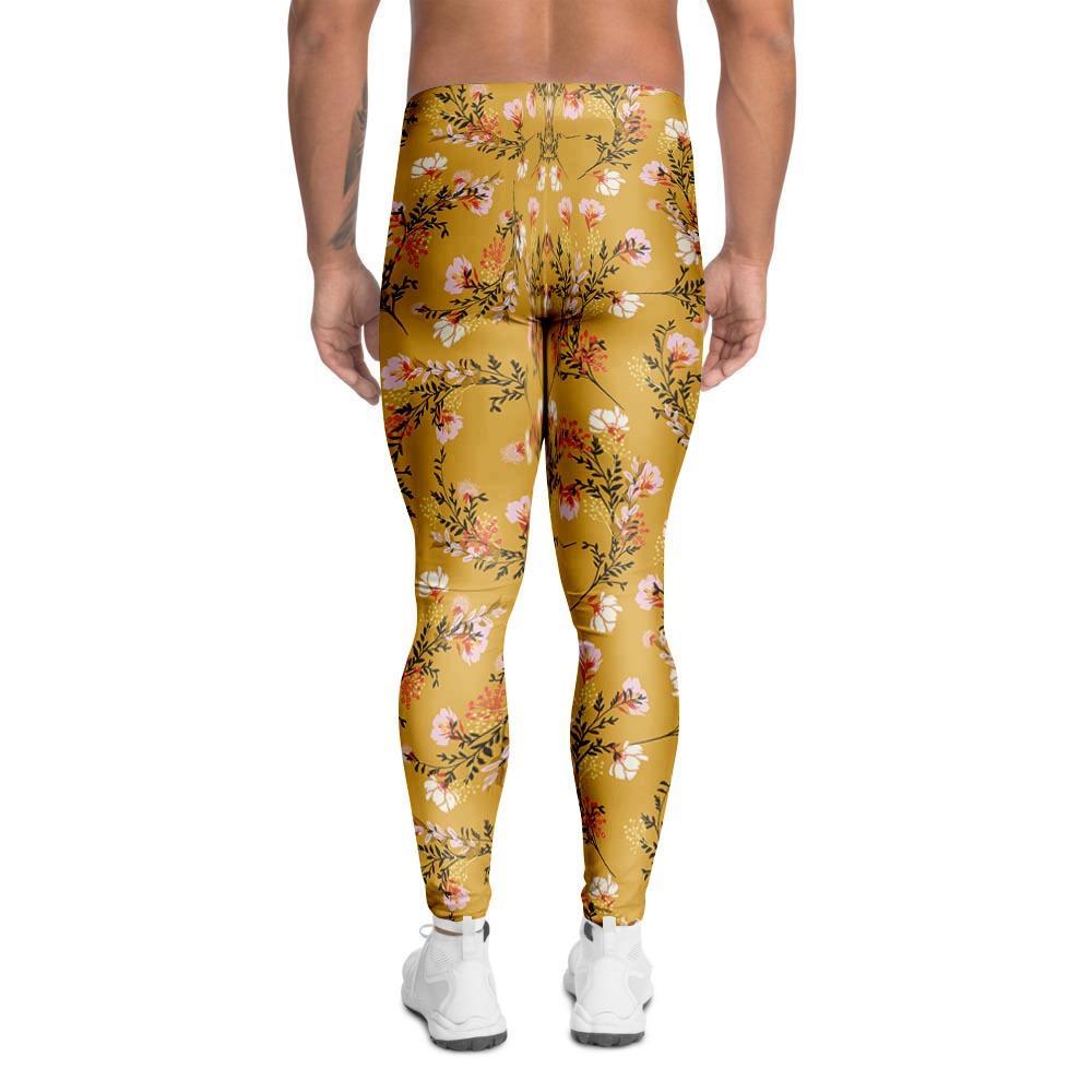 Yellow Floral Retro Print Men's Leggings-grizzshop