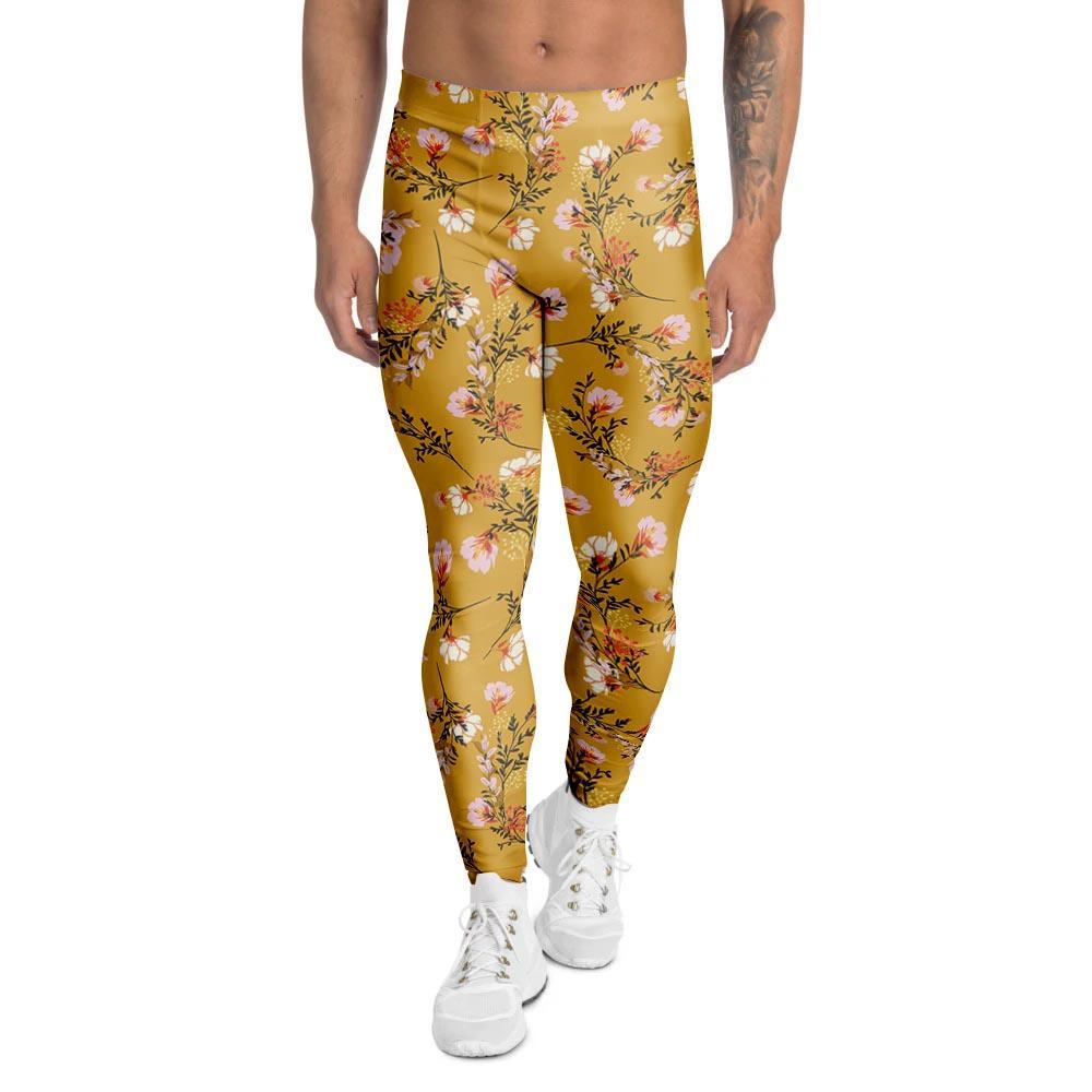 Yellow Floral Retro Print Men's Leggings-grizzshop