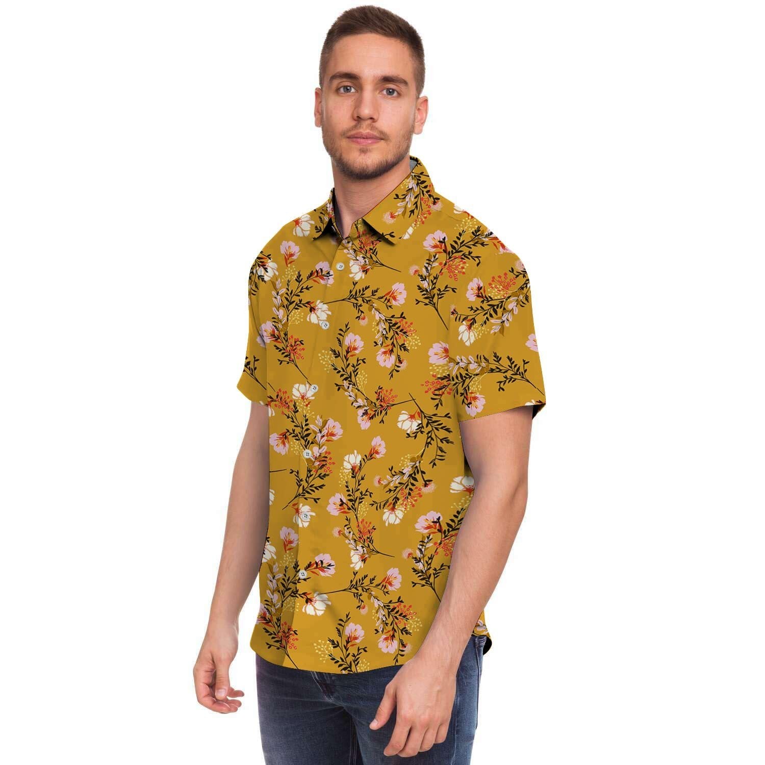 Yellow Floral Retro Print Men's Short Sleeve Shirt-grizzshop