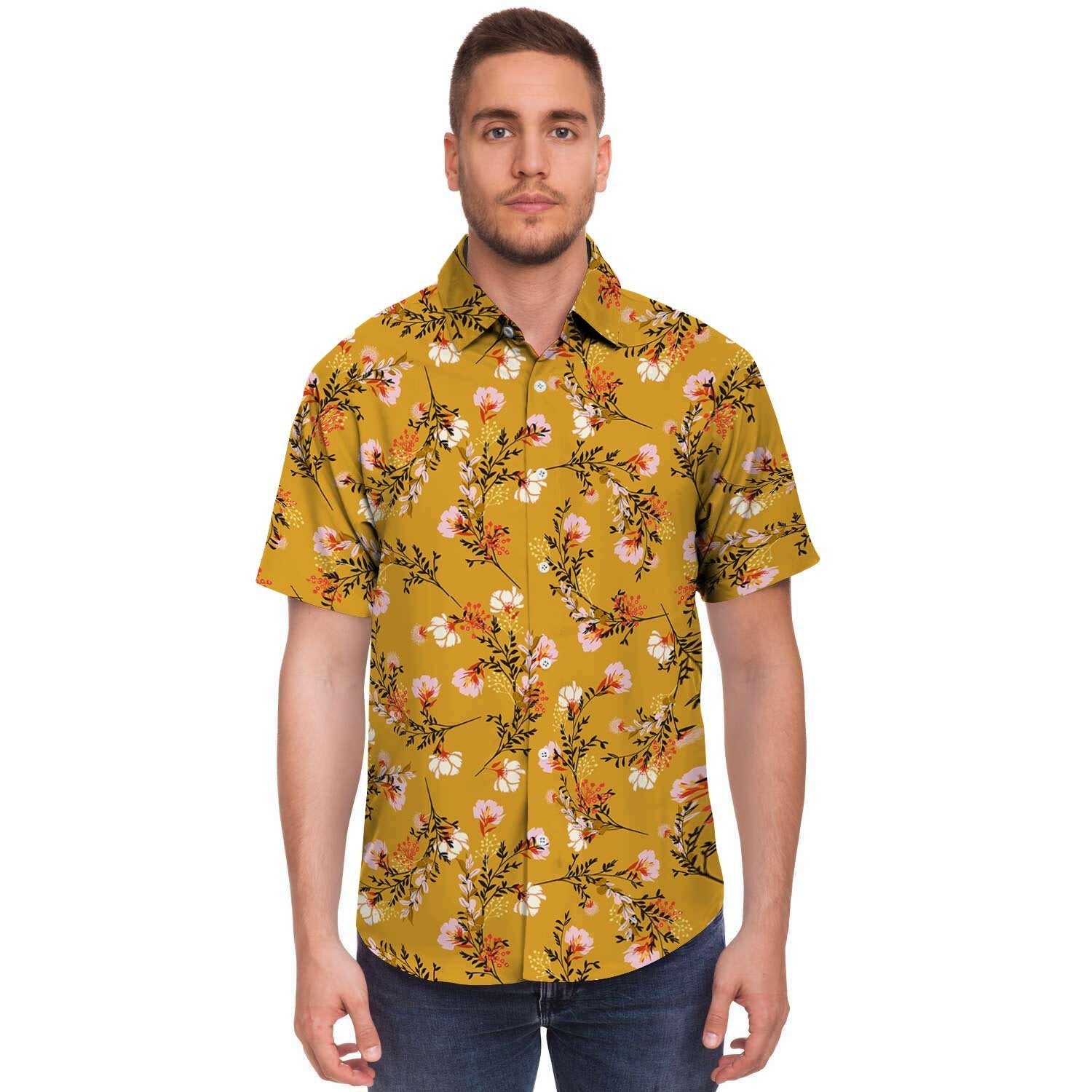 Yellow Floral Retro Print Men's Short Sleeve Shirt-grizzshop