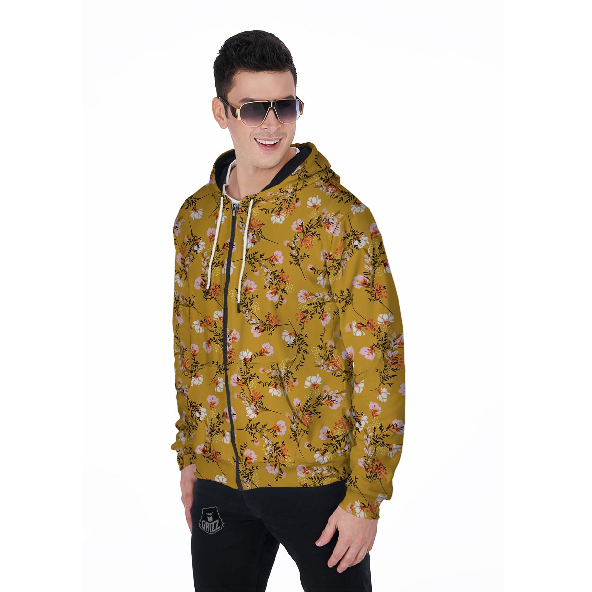 Yellow Floral Retro Print Men's Zip Up Hoodie-grizzshop
