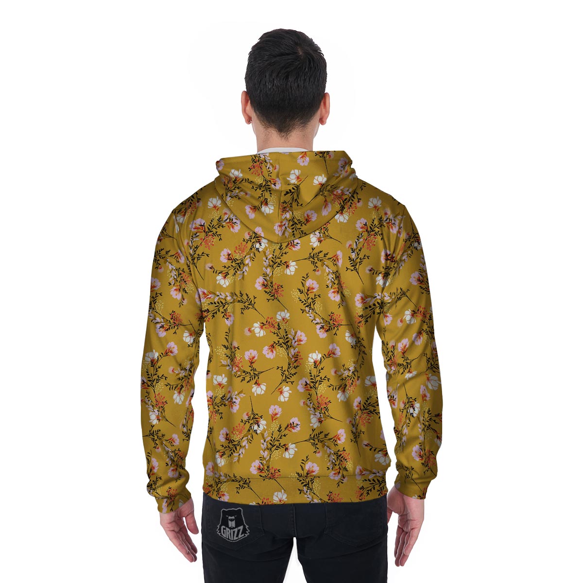 Yellow Floral Retro Print Men's Zip Up Hoodie-grizzshop