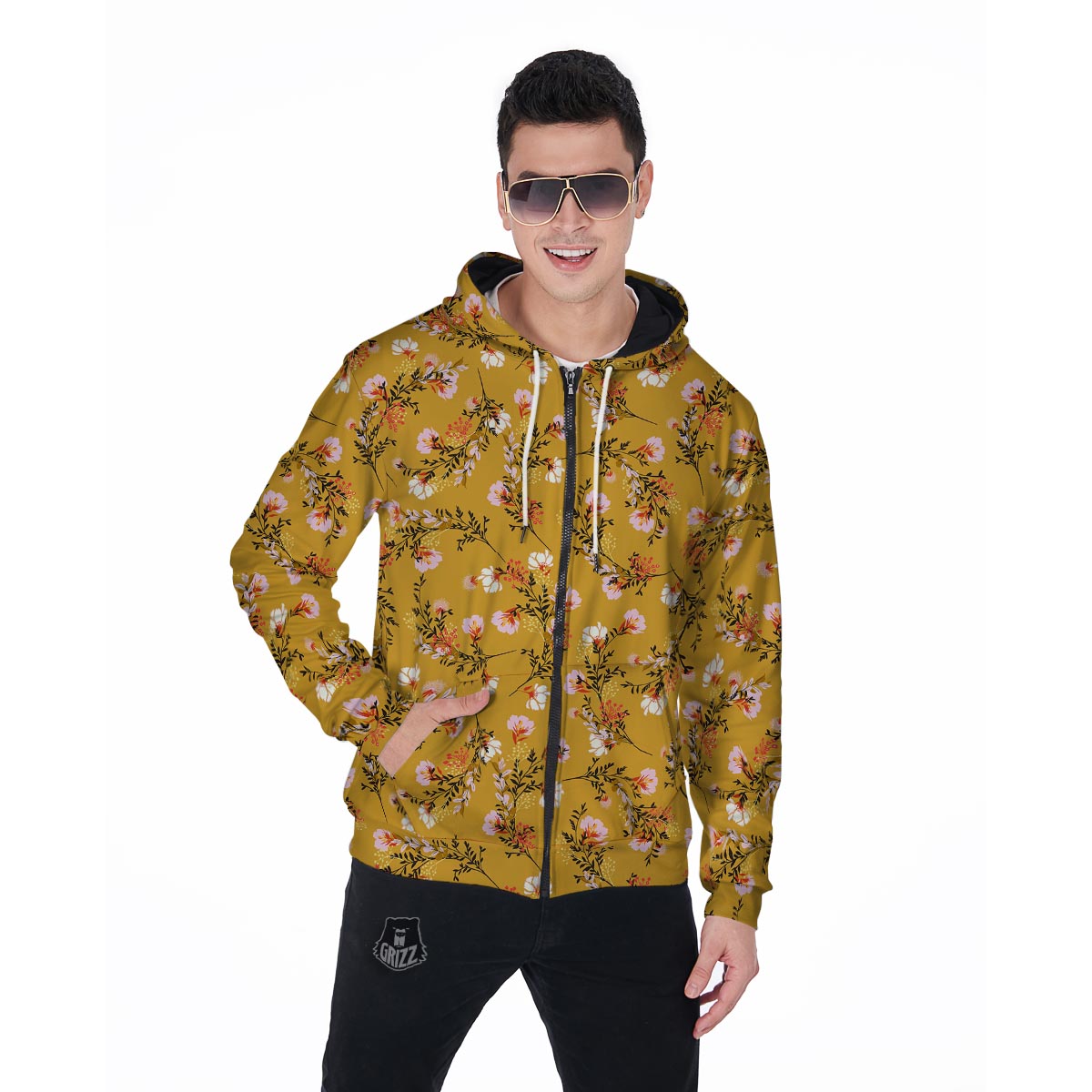 Yellow Floral Retro Print Men's Zip Up Hoodie-grizzshop