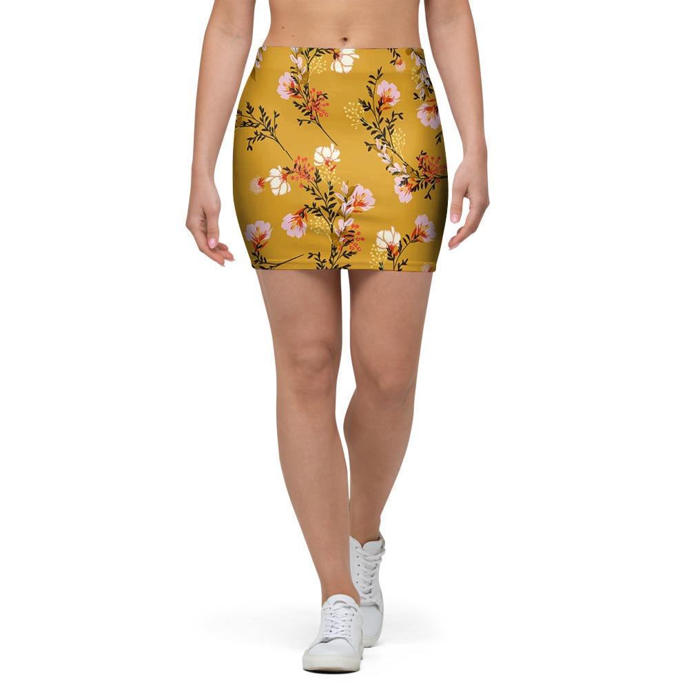 Yellow Floral Retro Print Mini Skirt-grizzshop