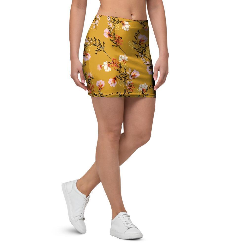 Yellow Floral Retro Print Mini Skirt-grizzshop