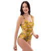 Yellow Floral Retro Print One Piece Swimsuite-grizzshop