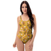 Yellow Floral Retro Print One Piece Swimsuite-grizzshop