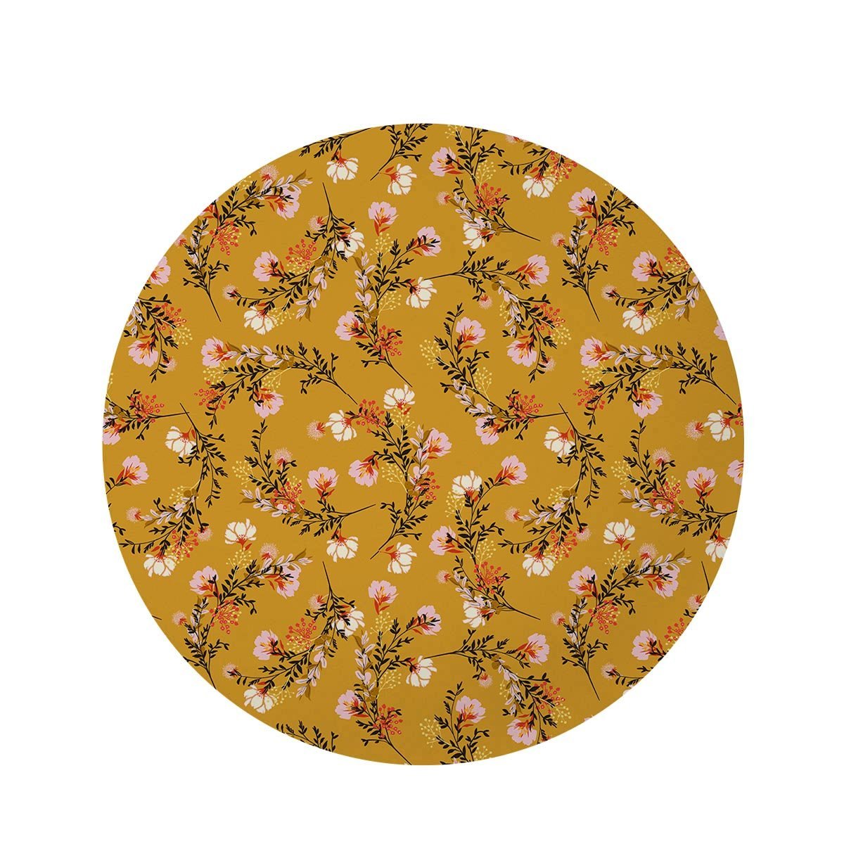 Yellow Floral Retro Print Round Rug-grizzshop