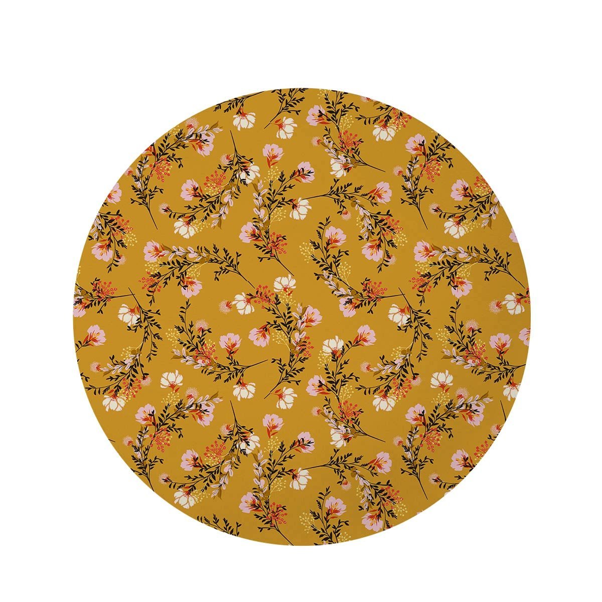 Yellow Floral Retro Print Round Rug-grizzshop