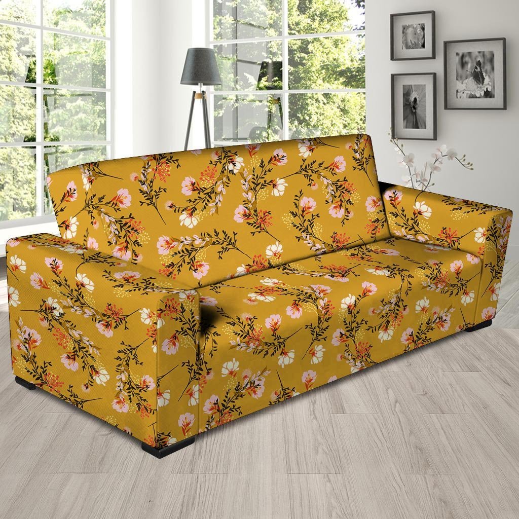 Yellow Floral Retro Print Sofa Cover-grizzshop