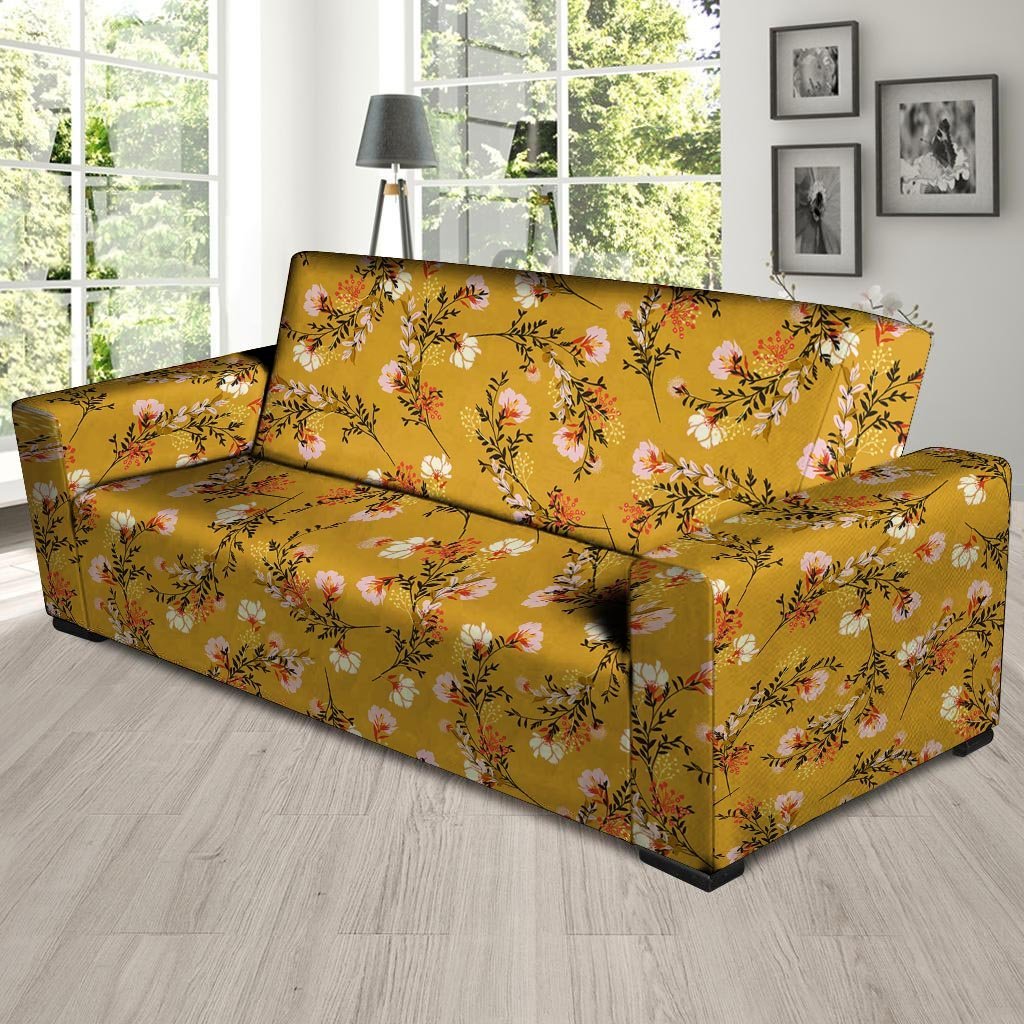 Yellow Floral Retro Print Sofa Cover-grizzshop