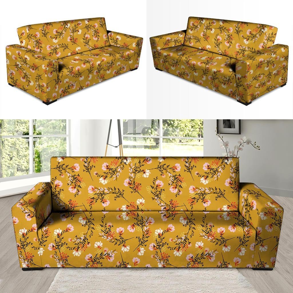 Yellow Floral Retro Print Sofa Cover-grizzshop