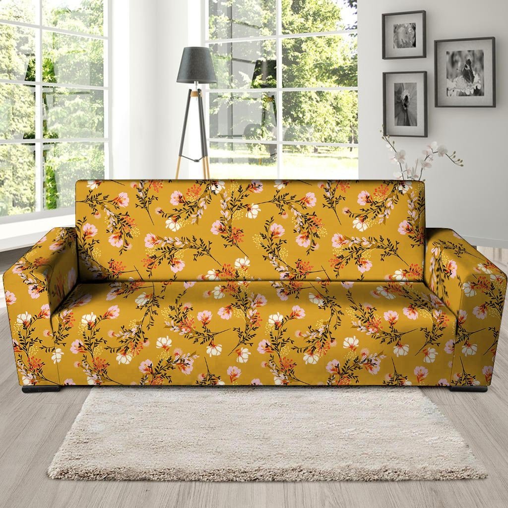 Yellow Floral Retro Print Sofa Cover-grizzshop