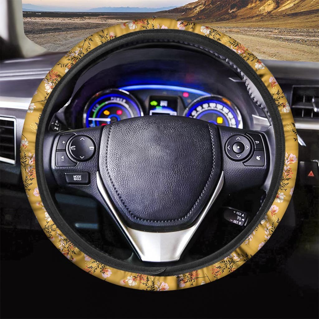 Yellow Floral Retro Print Steering Wheel Cover-grizzshop