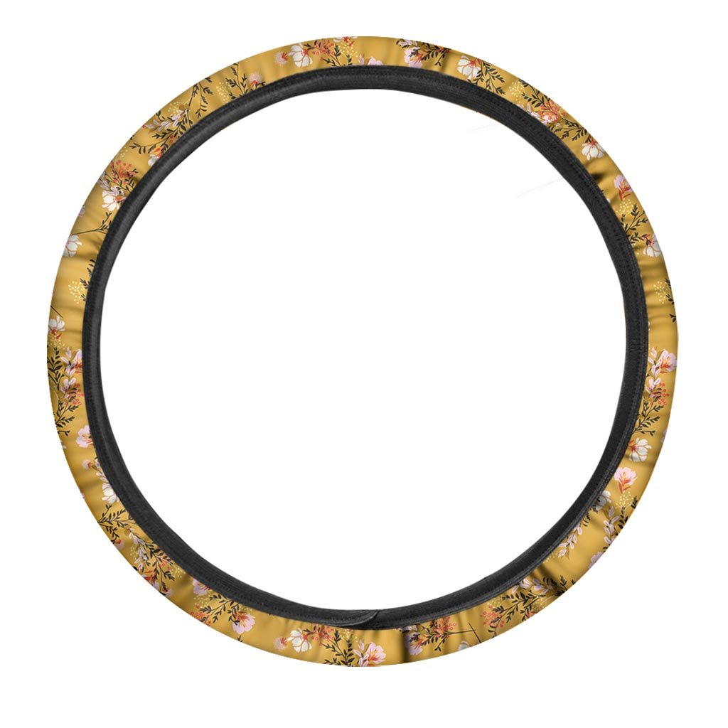 Yellow Floral Retro Print Steering Wheel Cover-grizzshop
