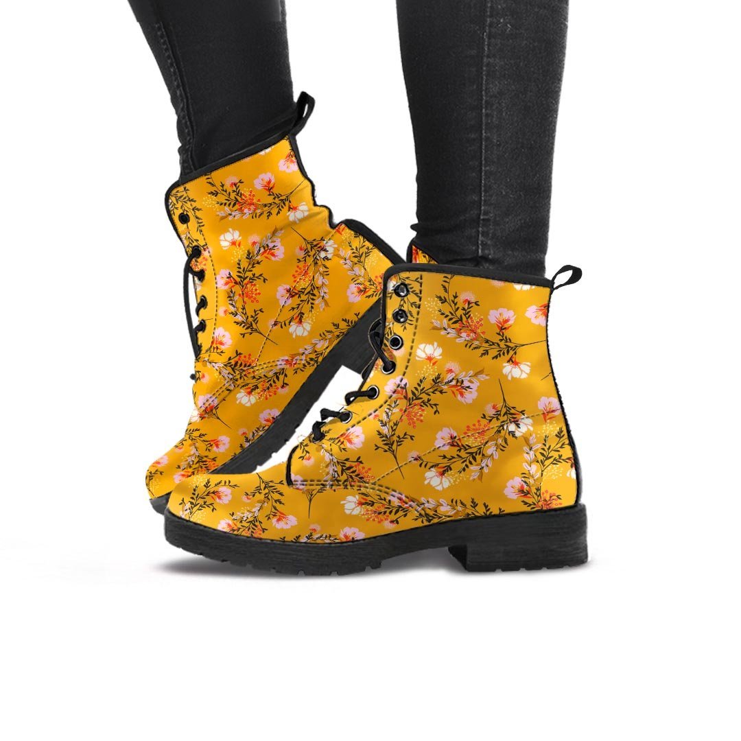 Yellow Floral Retro Print Women's Boots-grizzshop