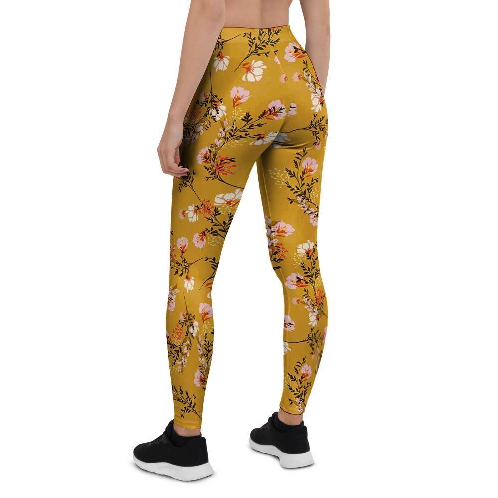 Yellow Floral Retro Print Women's Leggings-grizzshop