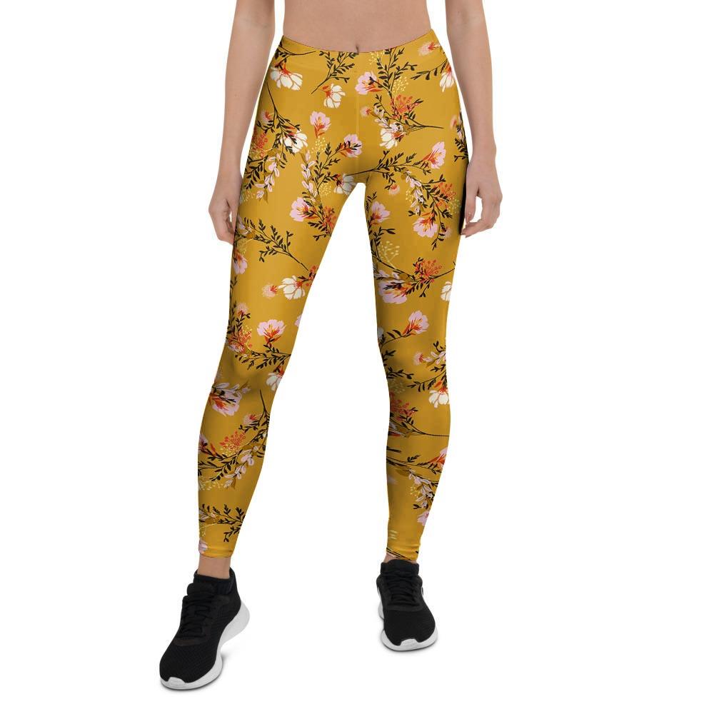 Yellow Floral Retro Print Women's Leggings-grizzshop