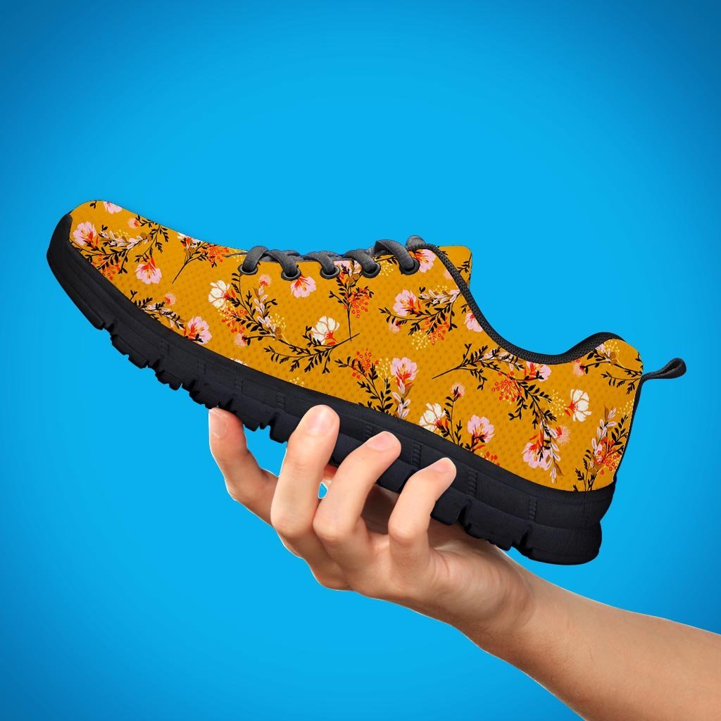 Yellow Floral Retro Print Women's Sneakers-grizzshop