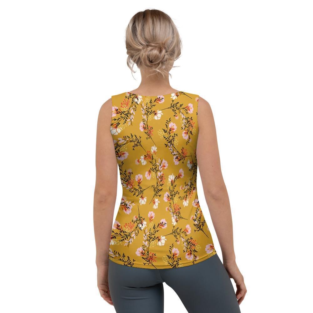 Yellow Floral Retro Print Women's Tank Top-grizzshop