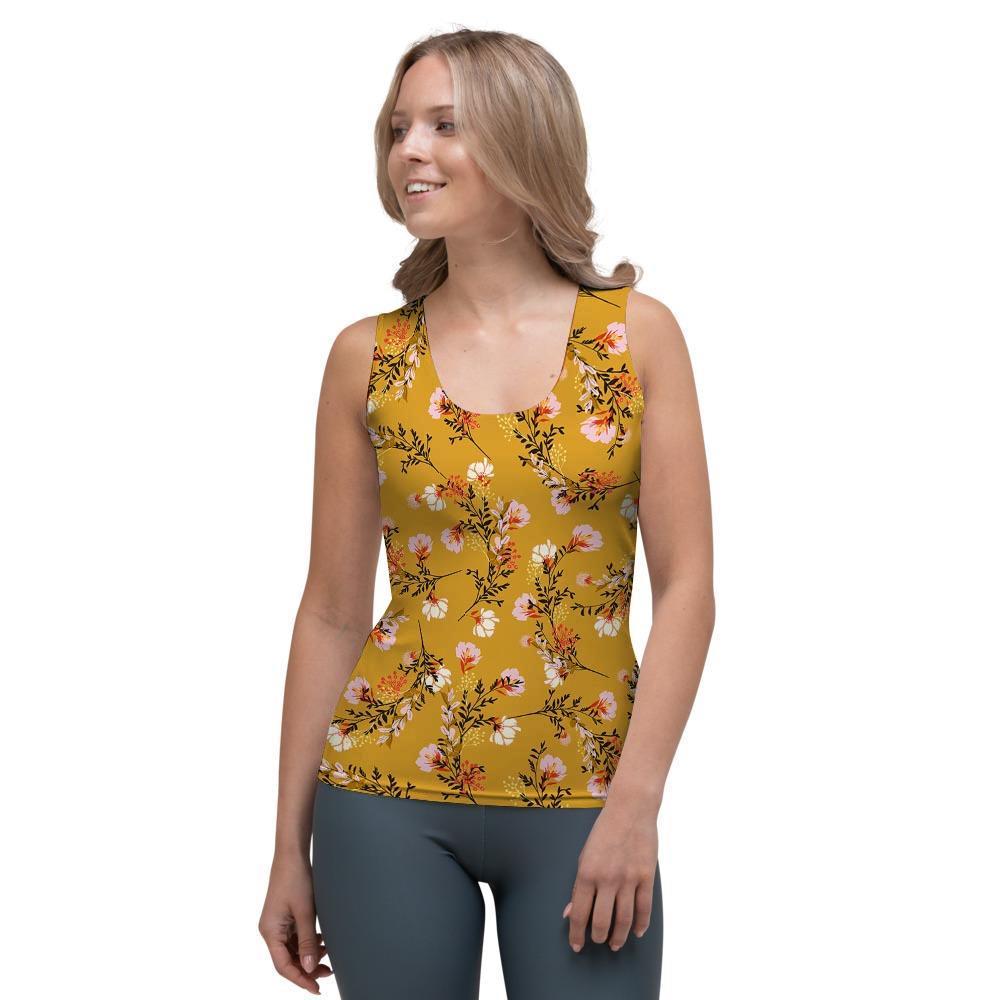 Yellow Floral Retro Print Women's Tank Top-grizzshop