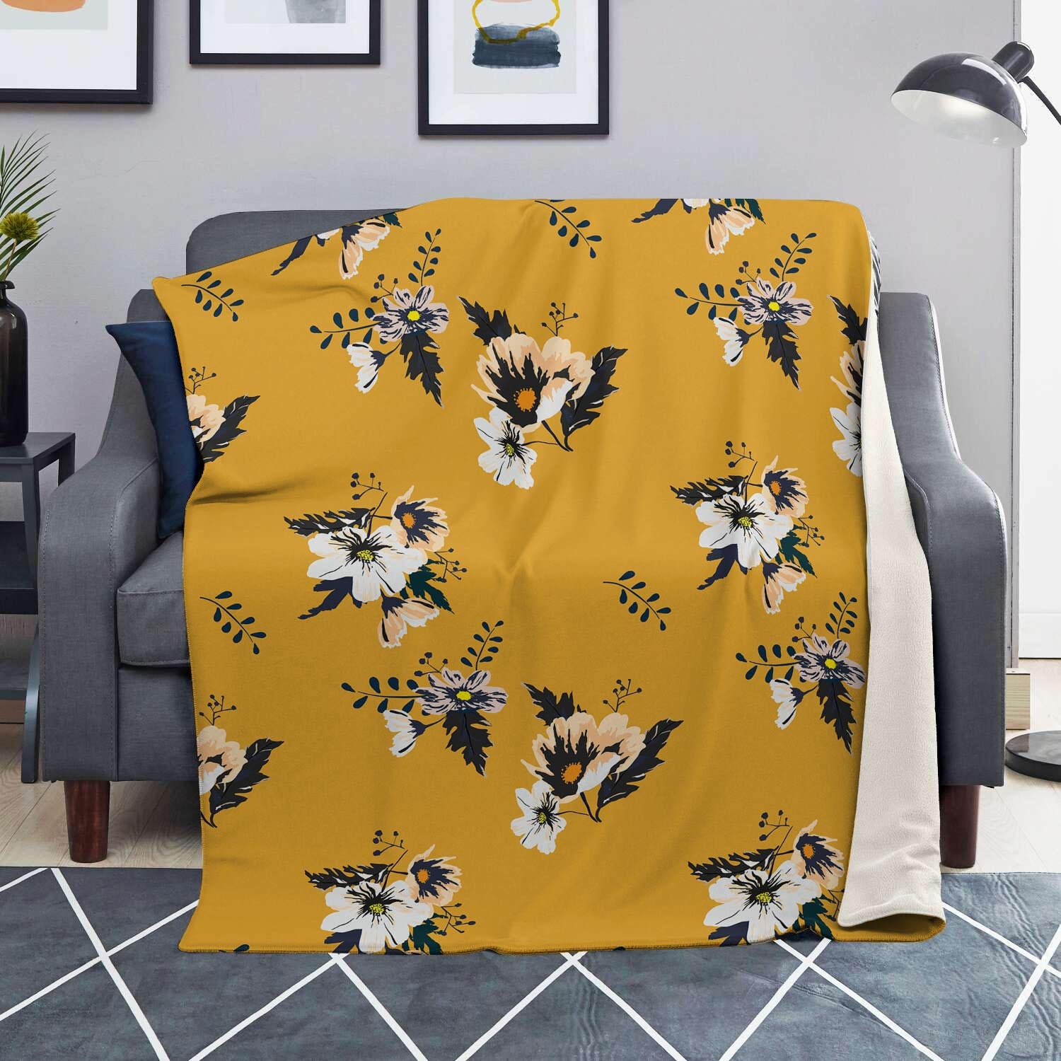 Yellow Flower Print Blanket-grizzshop