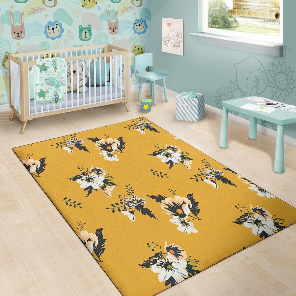 Yellow Flower Print Floor Mat-grizzshop