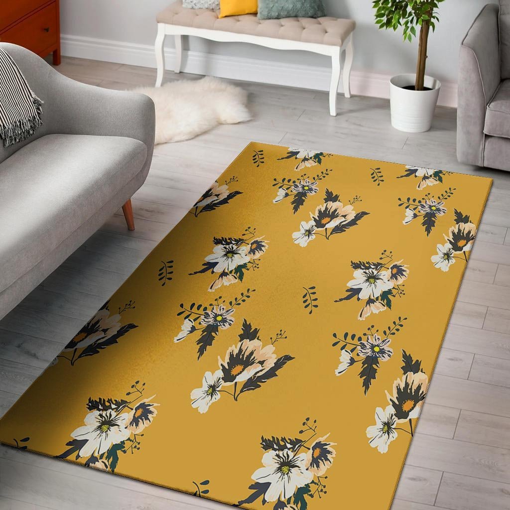 Yellow Flower Print Floor Mat-grizzshop