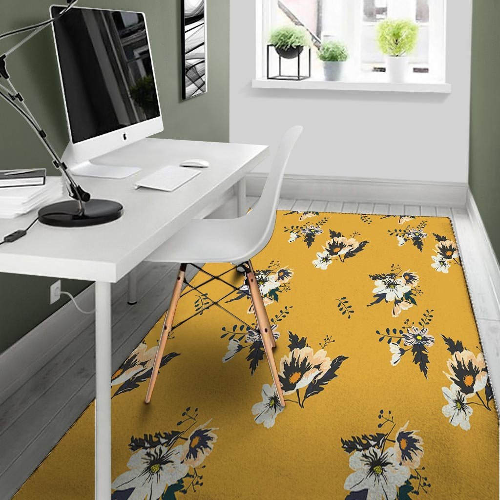 Yellow Flower Print Floor Mat-grizzshop