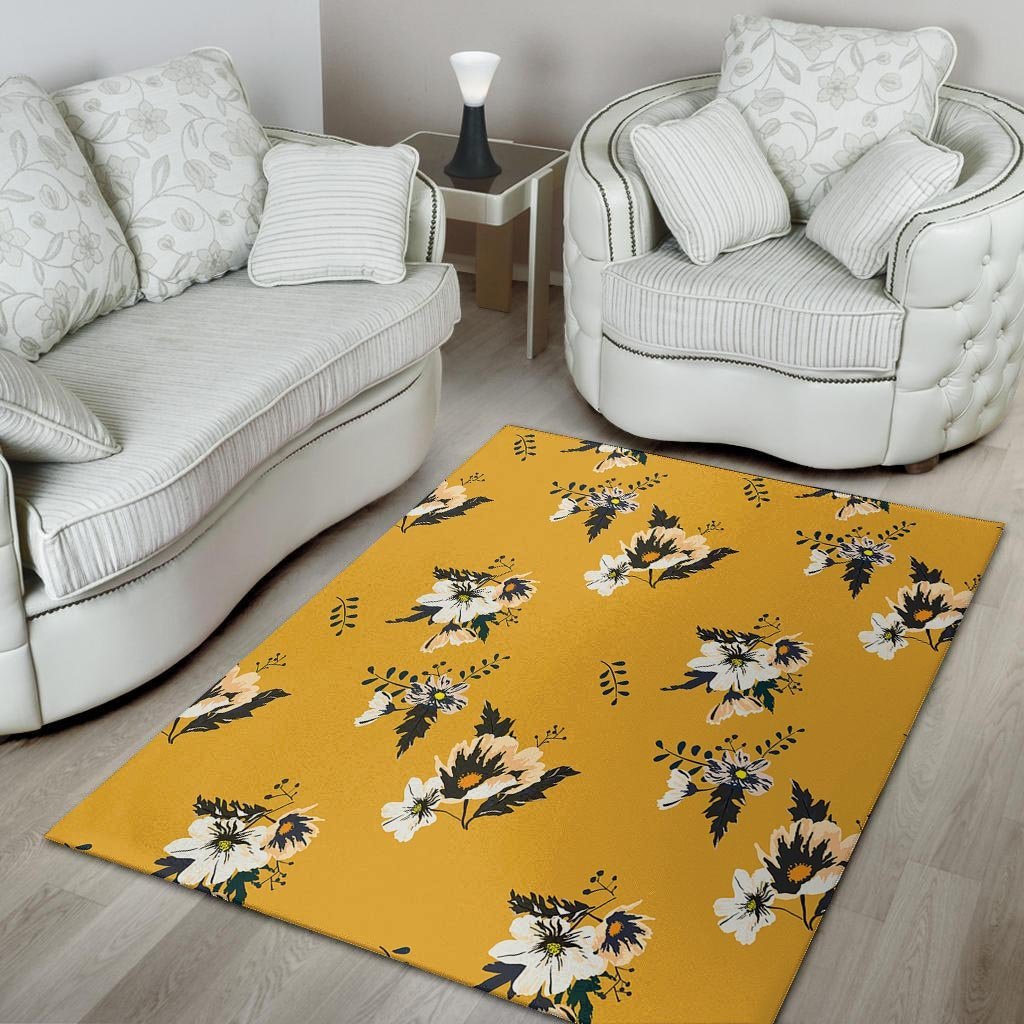 Yellow Flower Print Floor Mat-grizzshop