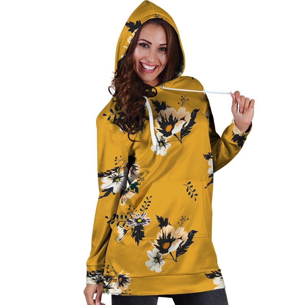 Yellow Flower Print Hoodie Dress-grizzshop