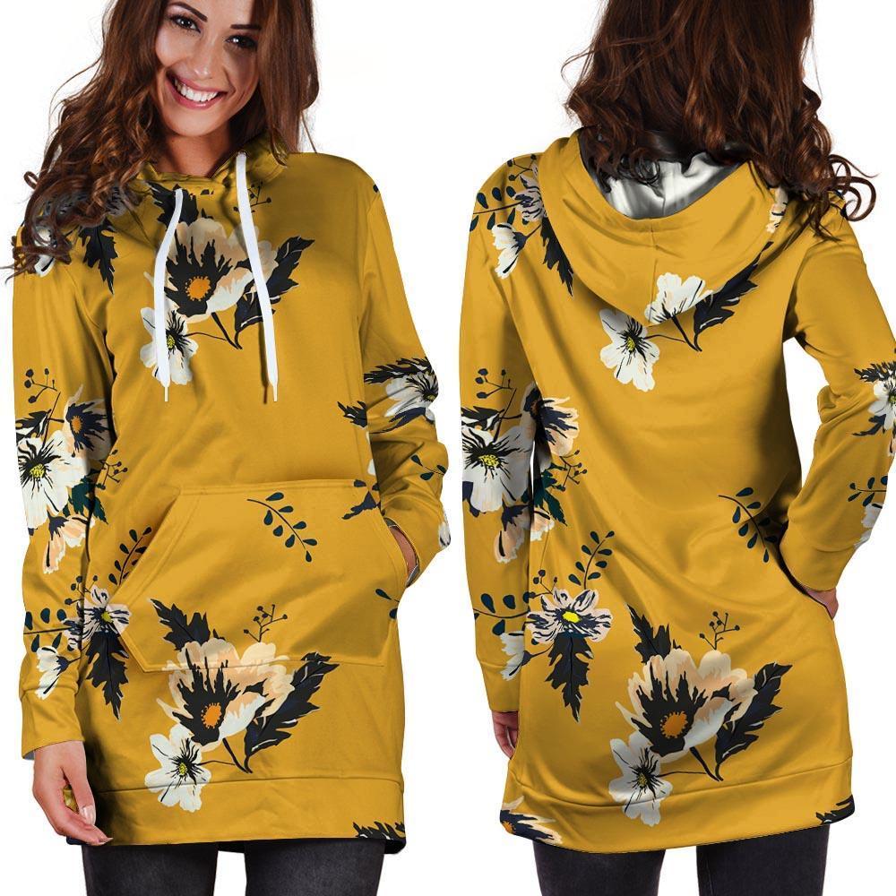 Yellow Flower Print Hoodie Dress-grizzshop