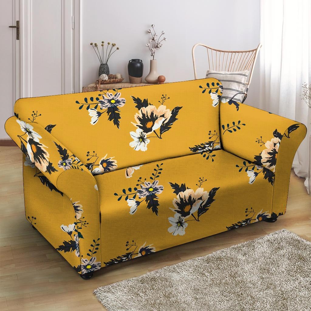 Yellow Flower Print Loveseat Cover-grizzshop