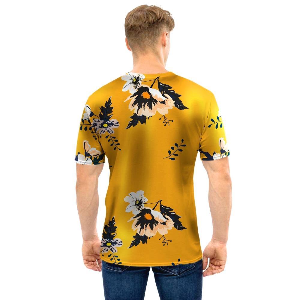 Yellow Flower Print Men T Shirt-grizzshop